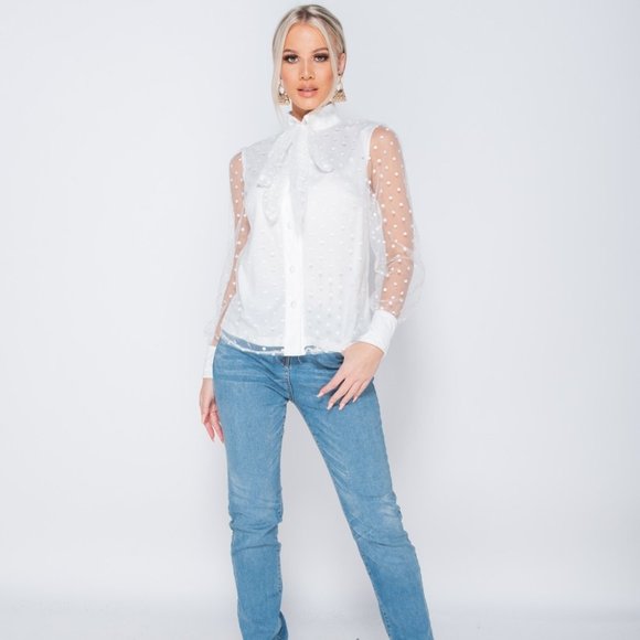 Polka Dot High Neck Long Sleeve Pussy Bow Blouse - Picture 4 of 7